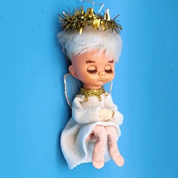Vintage 1950s Pixie Angel Knee Hugger Ornament Felt Sleepy Eyes Tulle Wings - Picture 7 of 9